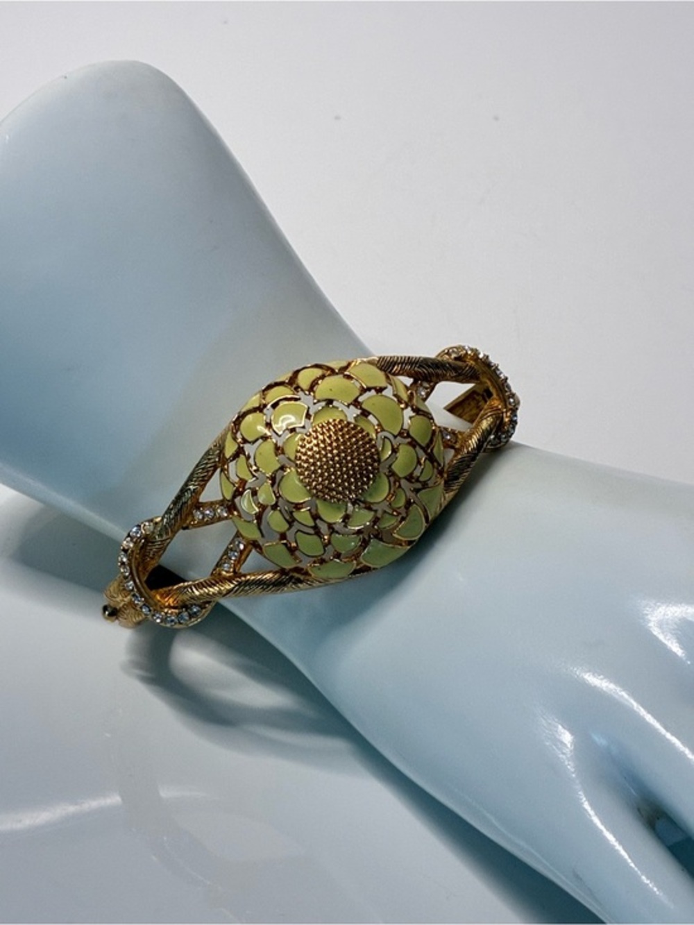 Gold-Tone Bracelet with Pale Yellow Enamel Floral Center with Sparkling Bling